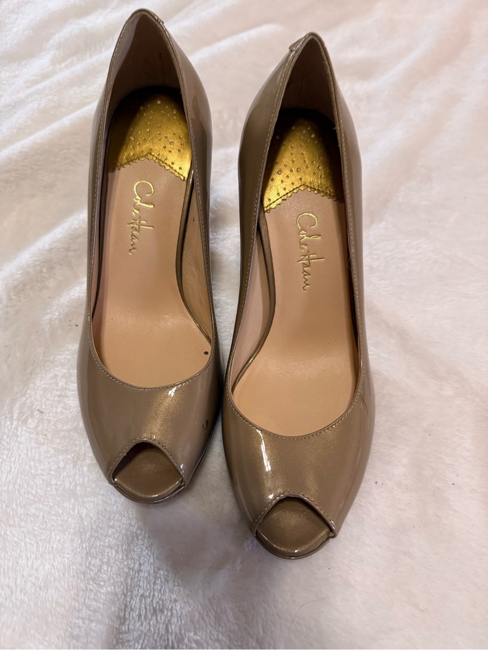Cole Haan Taupe Patent Peep Toe Pumps